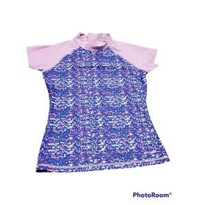 Girl's Eddie Bauer Short Sleeve Swim Shirt - Purple & Dark Blue Multicolor